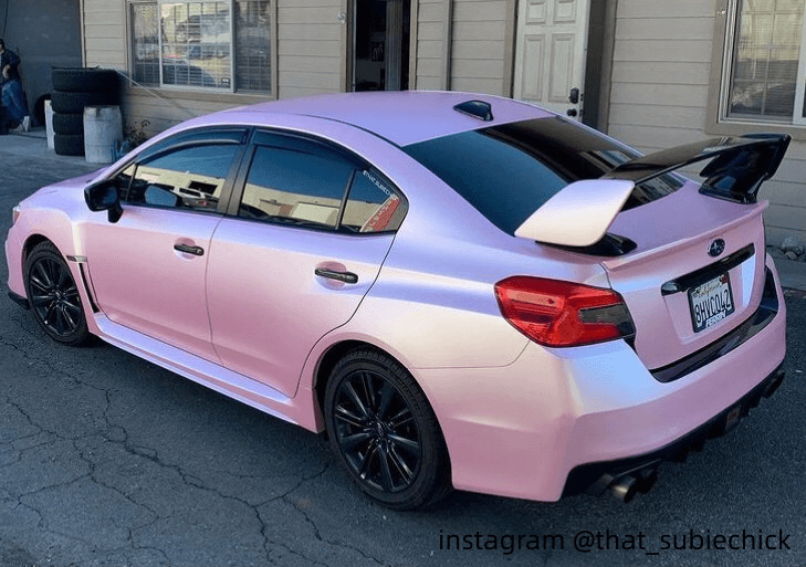 light pink matte car wrap on Subaru